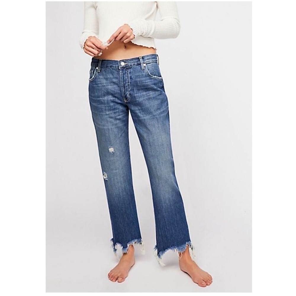 We The Free Jeans Women 29 Blue Straight Leg Raw Hem Distressed Button Fly